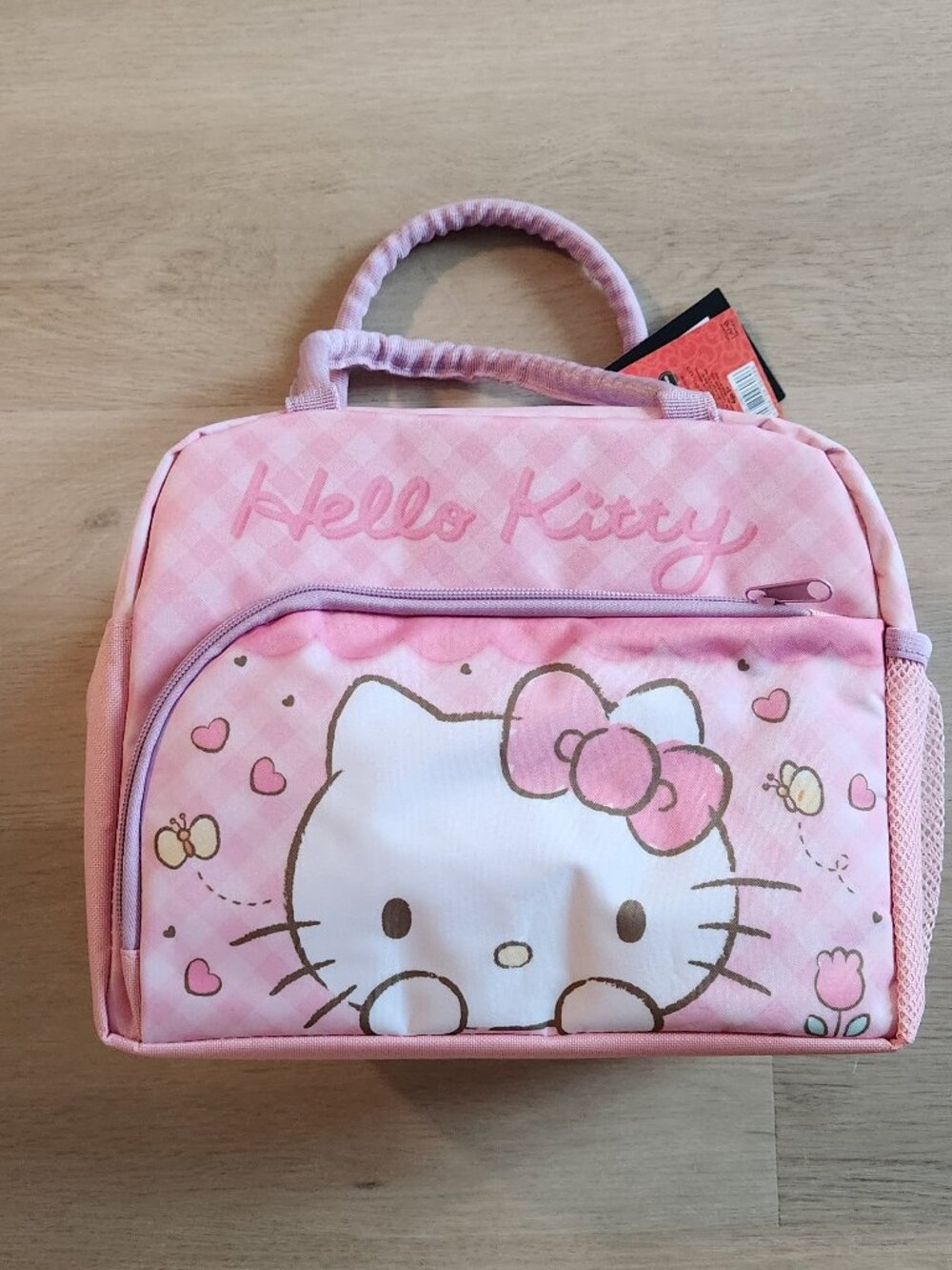 NWT: Hello Kitty Lunch Bag - Pink Gingham, Light Purple Handles, White Interior